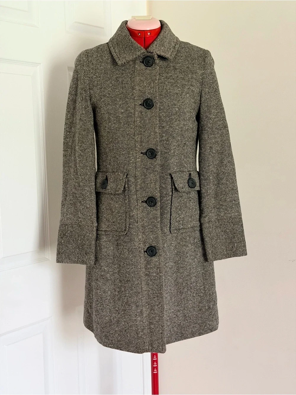 RARE NWOT Y2K 2008 Gap Doen Wool Silk Pea Coat Gray Herringbone Plaid S